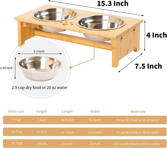 Bamboo Elevated Pet Bowls for Cats and Small Dogs with Stainless Steel Bowls and Anti-Slip Feet
