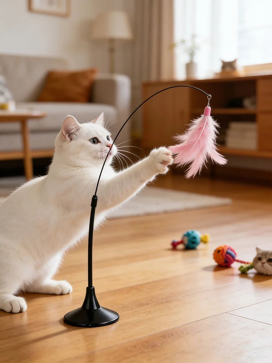 Interactive Cat Teaser Stick Bell Extended Rod Strong Suction Cup Hands-Free Indoor Play Toy