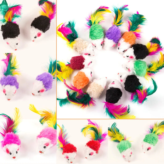 10 Pcs Mouse Colorful Feather Plush Rattle Set for Indoor Cats