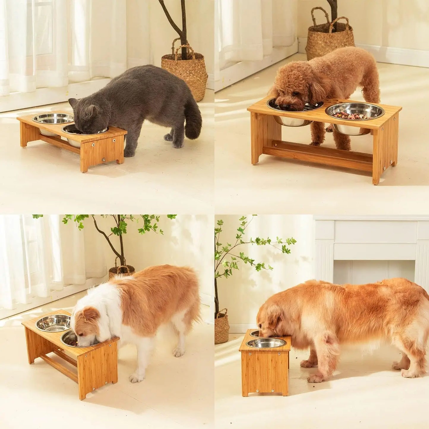 Bamboo Elevated Pet Bowls for Cats and Small Dogs with Stainless Steel Bowls and Anti-Slip Feet
