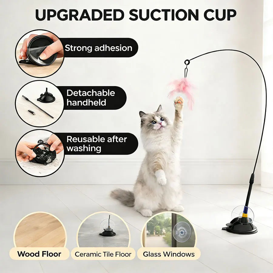 Interactive Cat Teaser Stick Bell Extended Rod Strong Suction Cup Hands-Free Indoor Play Toy