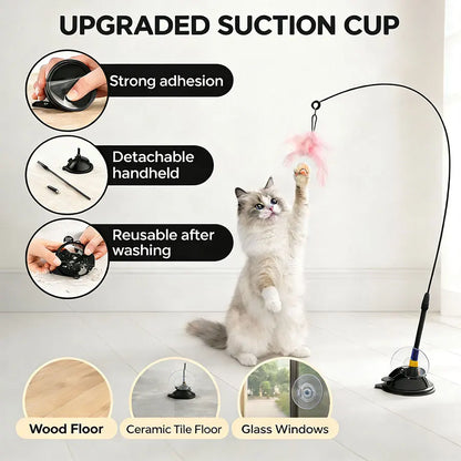 Interactive Cat Teaser Stick Bell Extended Rod Strong Suction Cup Hands-Free Indoor Play Toy