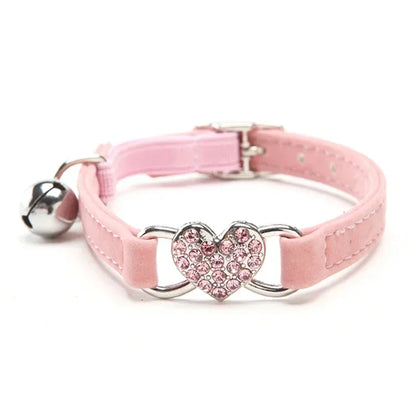 8 Colors Adjustable Soft Velvet Heart Charm and Bell Cat Collar Safety Elastic