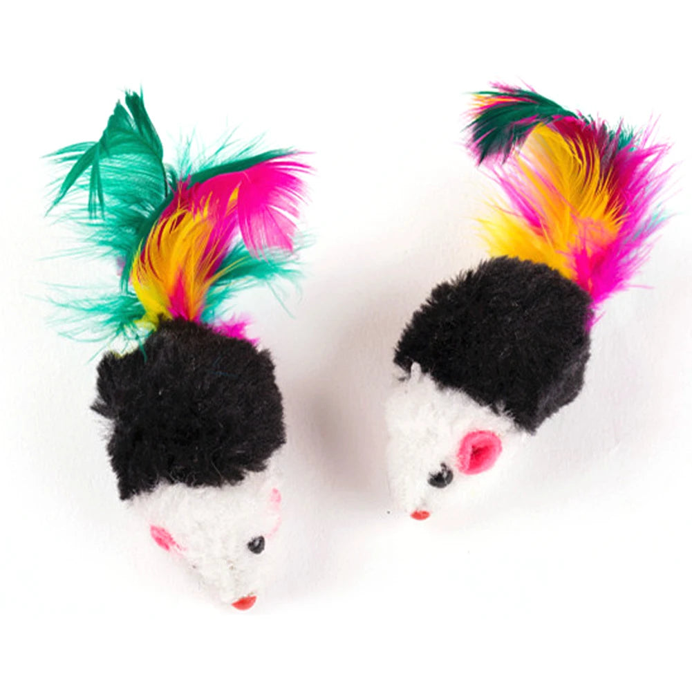 10 Pcs Mouse Colorful Feather Plush Rattle Set for Indoor Cats