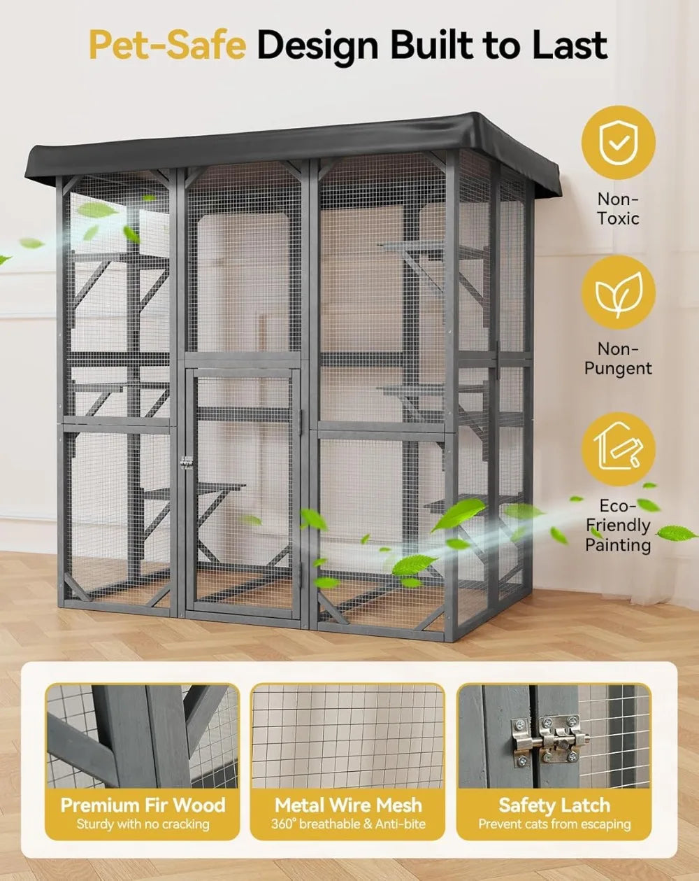 Large 71" Outdoor Cat Enclosure with Waterproof Roof, 3 Tier