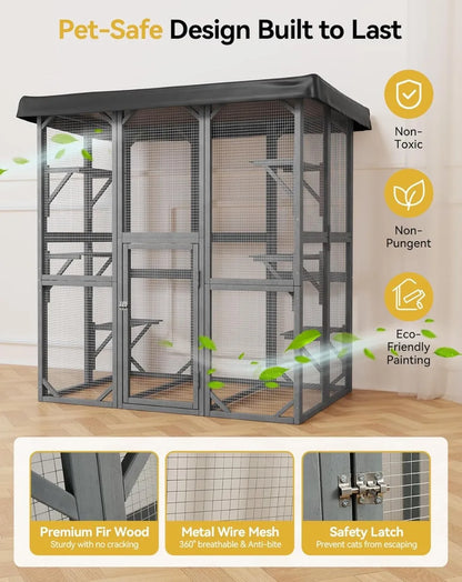 Large 71" Outdoor Cat Enclosure with Waterproof Roof, 3 Tier