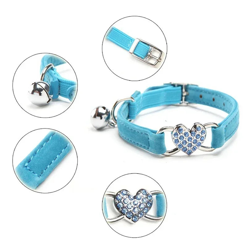 8 Colors Adjustable Soft Velvet Heart Charm and Bell Cat Collar Safety Elastic