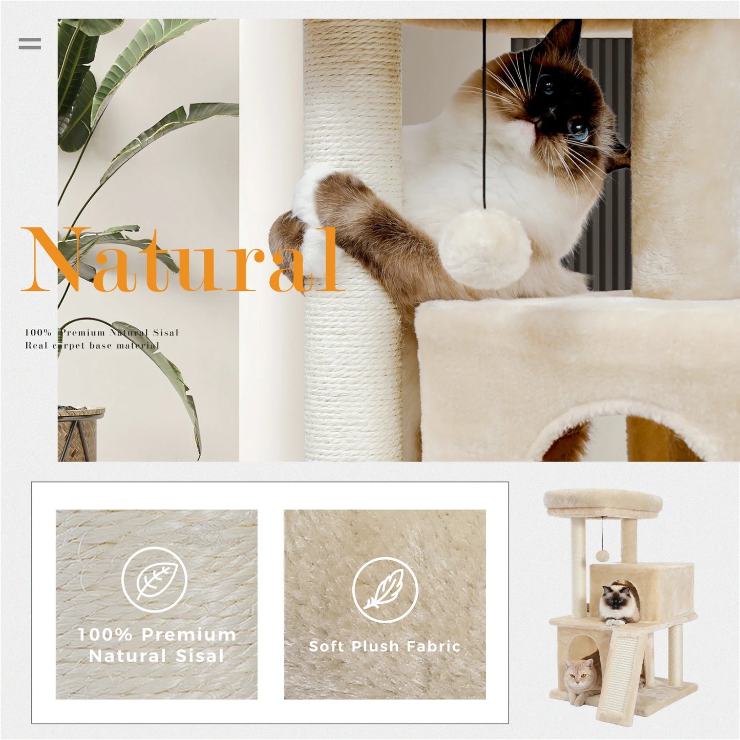 Large Cat Tree for Indoor Cats with Sisal Scratching Post