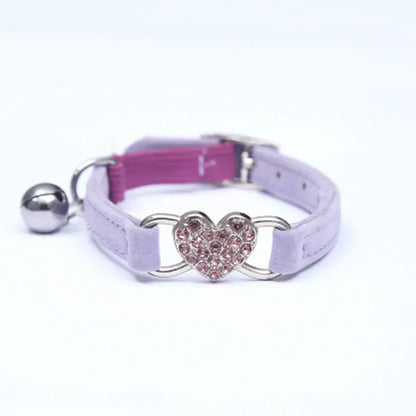 8 Colors Adjustable Soft Velvet Heart Charm and Bell Cat Collar Safety Elastic