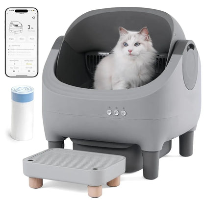 Self Cleaning Automatic Cat Litter Box with Raised Step, Large Open Top for Multi-Cat Families, Safe & Spacious
