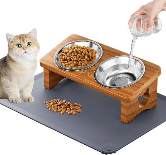 15° Tilted Elevated Pet Bowls with Silicone Mat, Solid Wood Stand for Cats and Small Dogs