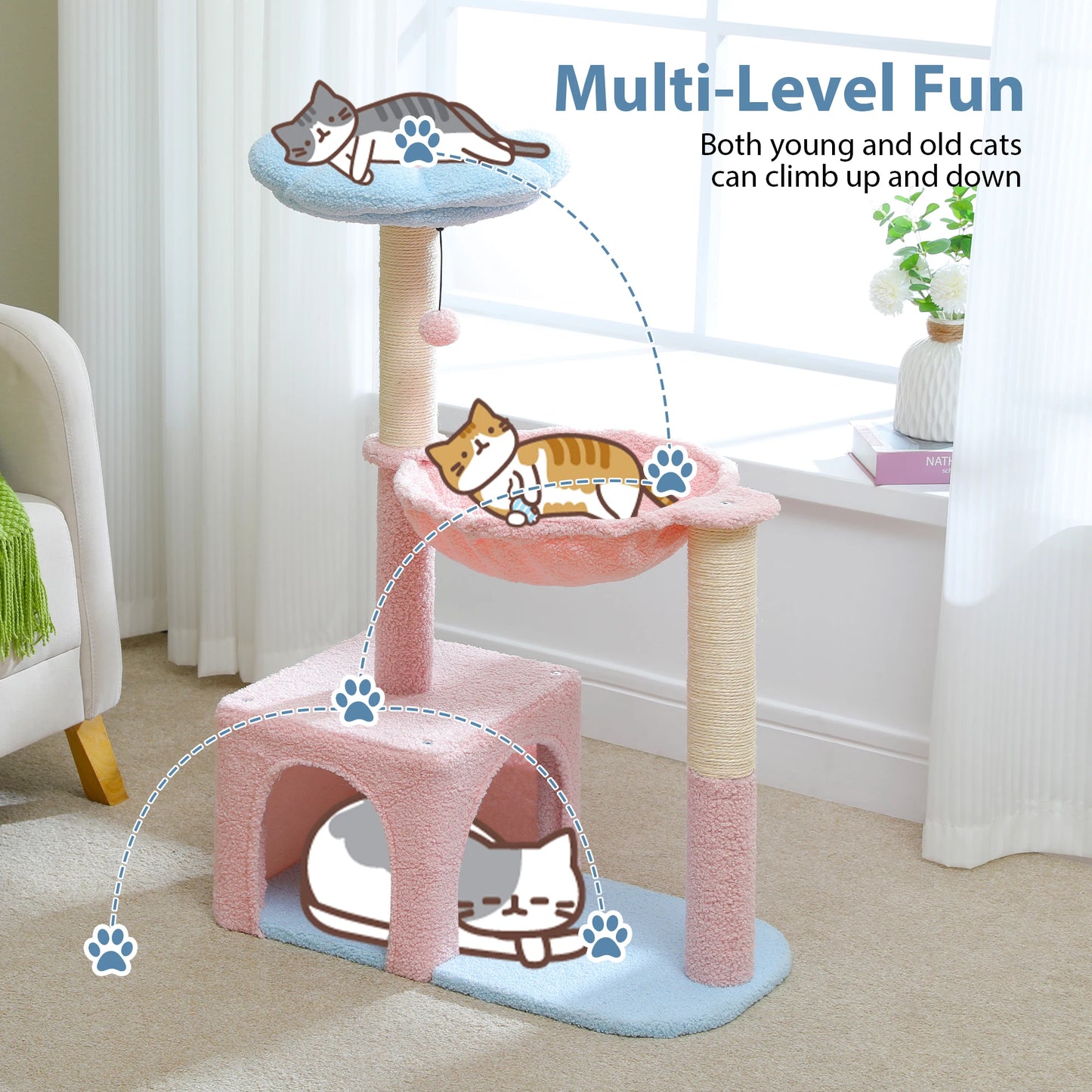Flower Cat Tree with Large Metal Frame Hammock  with Sisal Scratching Posts for Small Indoor Cats