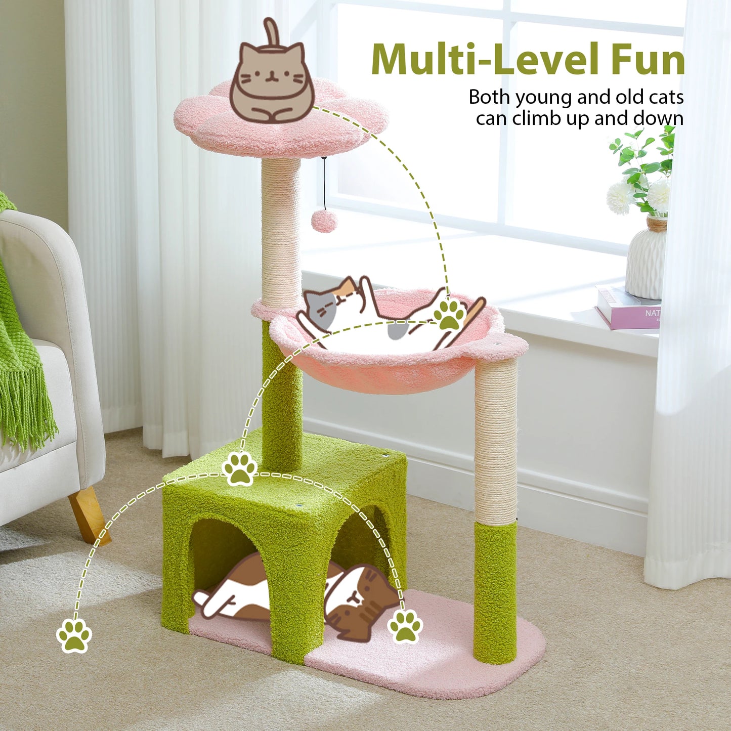 Flower Cat Tree with Large Metal Frame Hammock  with Sisal Scratching Posts for Small Indoor Cats