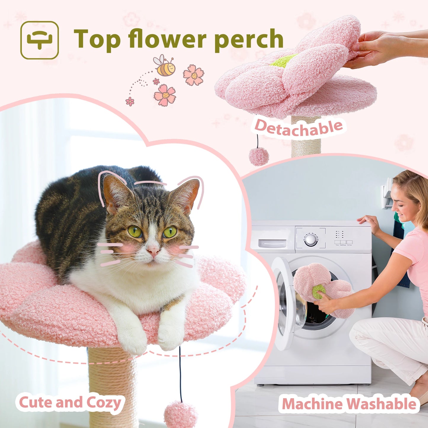 Flower Cat Tree with Large Metal Frame Hammock  with Sisal Scratching Posts for Small Indoor Cats