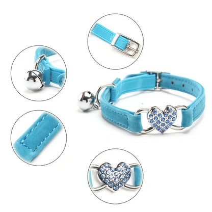 8 Colors Adjustable Soft Velvet Heart Charm and Bell Cat Collar Safety Elastic