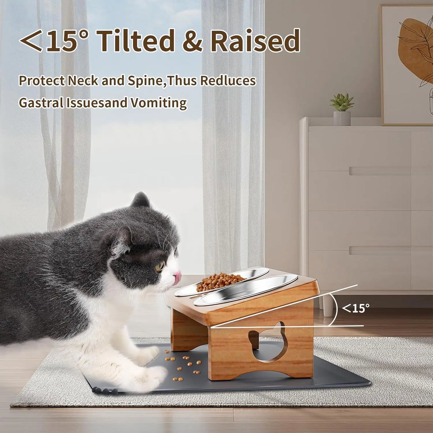 15° Tilted Elevated Pet Bowls with Silicone Mat, Solid Wood Stand for Cats and Small Dogs