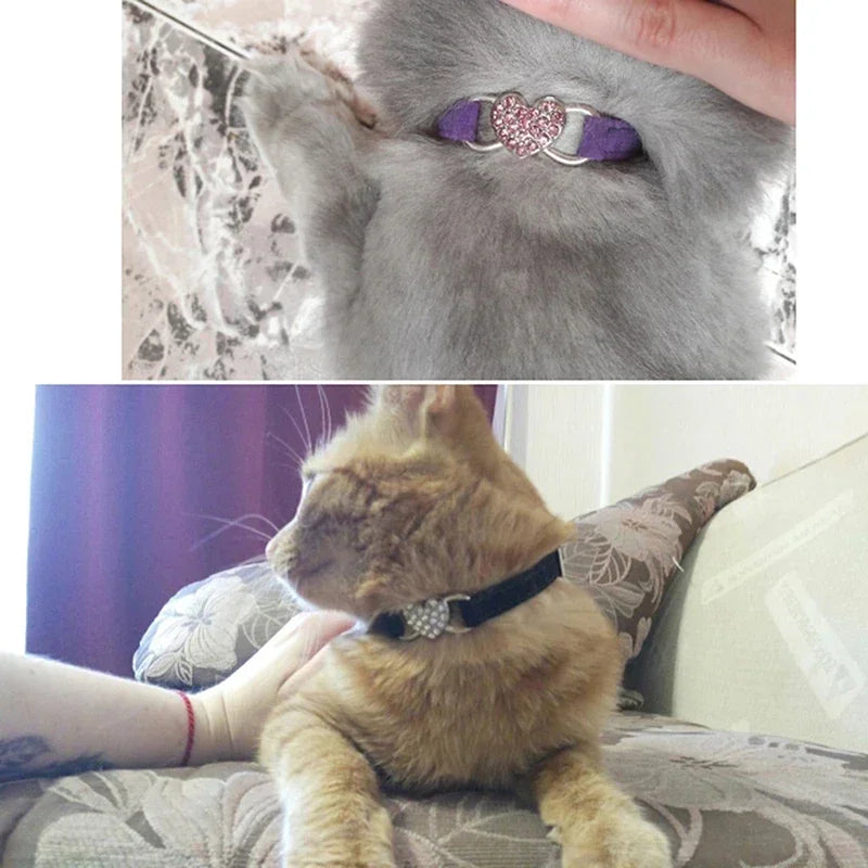 8 Colors Adjustable Soft Velvet Heart Charm and Bell Cat Collar Safety Elastic