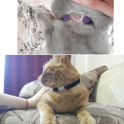 8 Colors Adjustable Soft Velvet Heart Charm and Bell Cat Collar Safety Elastic