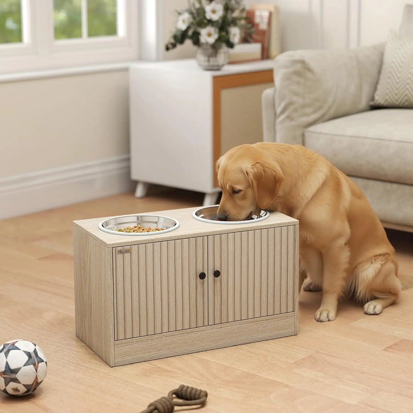 Elevated Storage Cabinet Pet Feeding Station with Slow Feeder & Non-Slip, for Large Pets