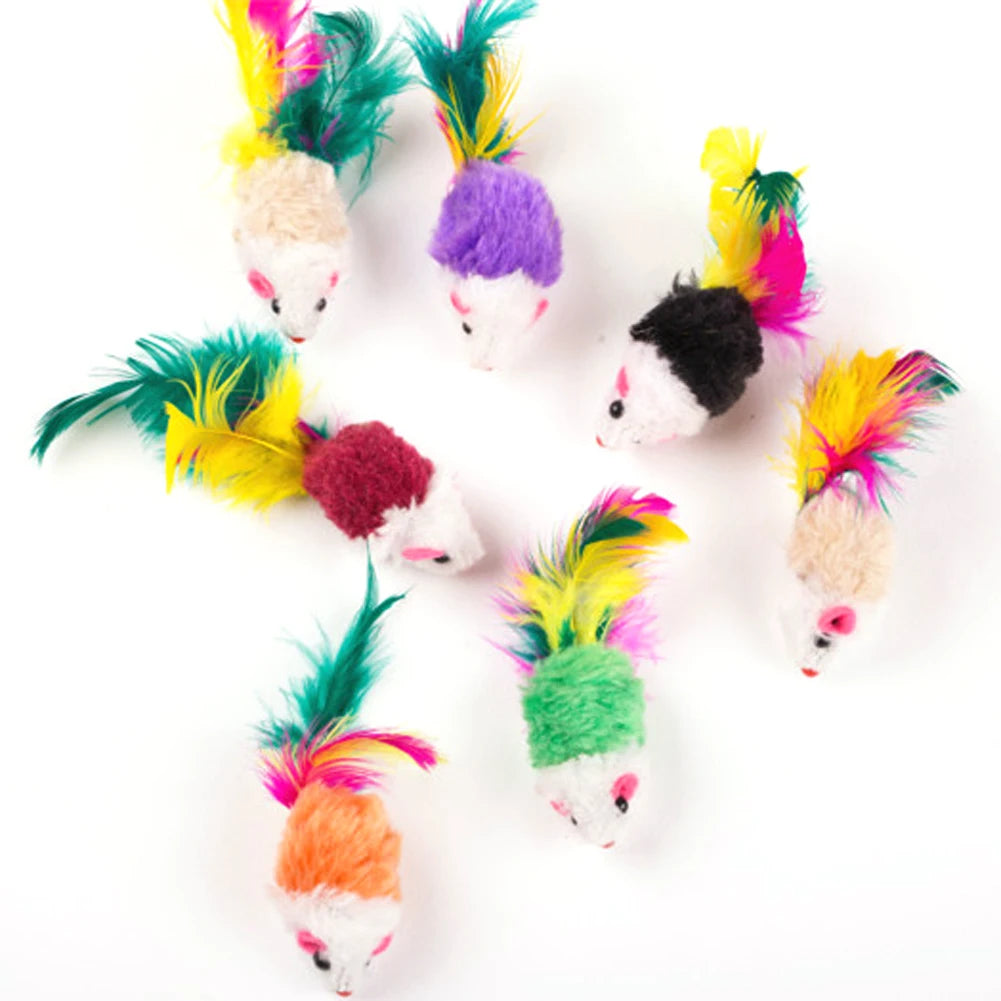 10 Pcs Mouse Colorful Feather Plush Rattle Set for Indoor Cats