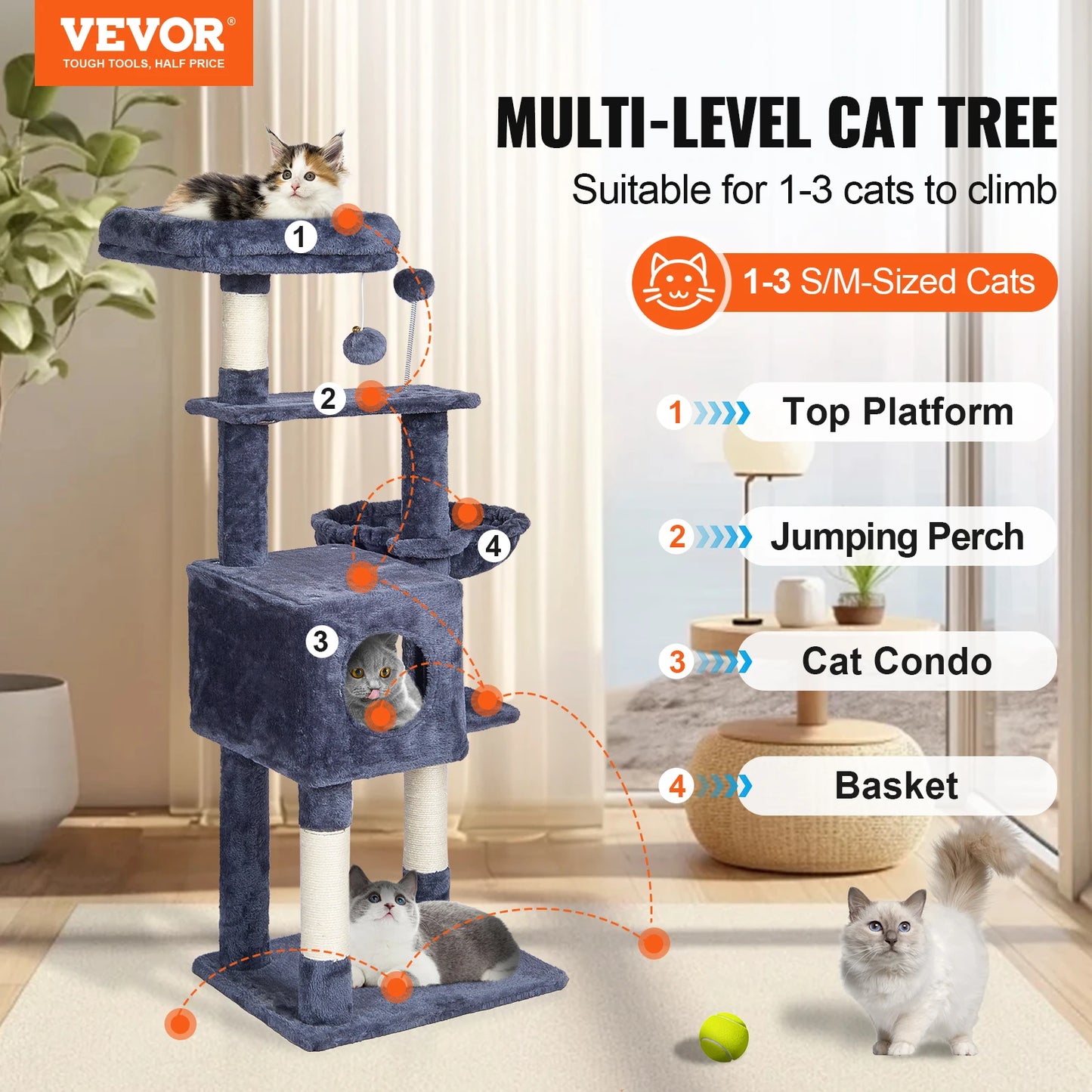 Cat Tower with Cat Condo Sisal Scratching Post Hammock and Top Perch