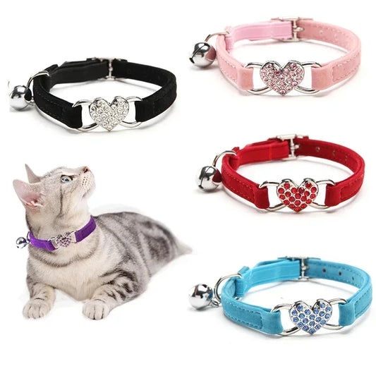 8 Colors Adjustable Soft Velvet Heart Charm and Bell Cat Collar Safety Elastic