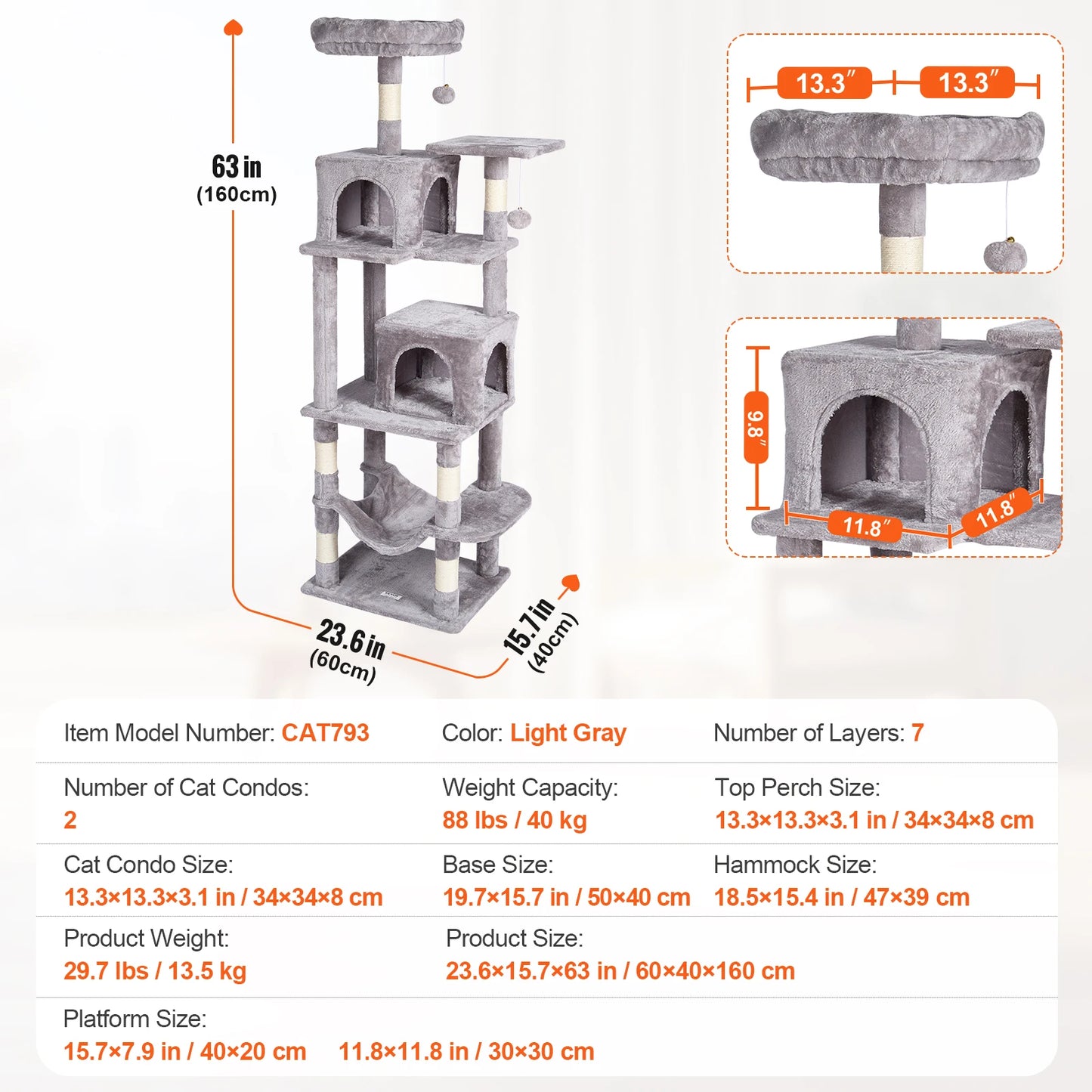 Cat Tower with Cat Condo Sisal Scratching Post Hammock and Top Perch
