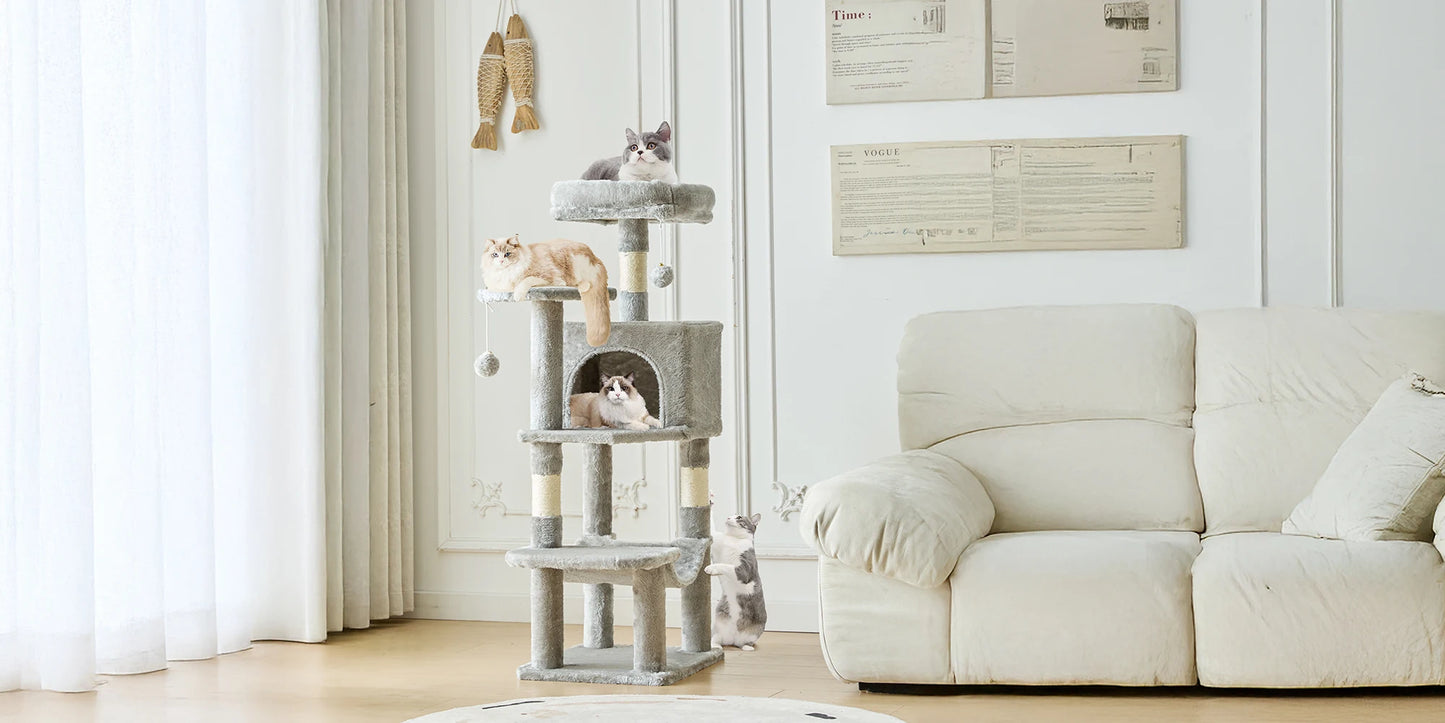44In Cat Tree Tall Multi-Cat Climbing Tower Natural Sisal Scratching Posts