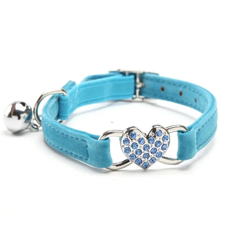 8 Colors Adjustable Soft Velvet Heart Charm and Bell Cat Collar Safety Elastic