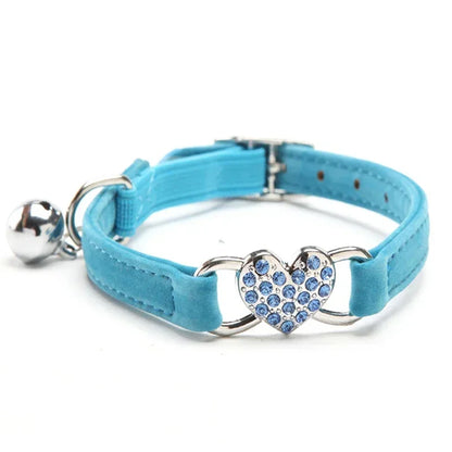 8 Colors Adjustable Soft Velvet Heart Charm and Bell Cat Collar Safety Elastic