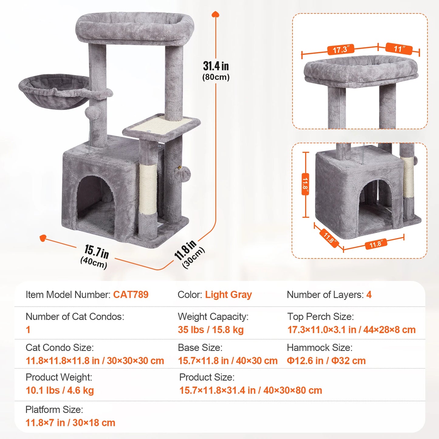 Cat Tower with Cat Condo Sisal Scratching Post Hammock and Top Perch