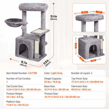 Cat Tower with Cat Condo Sisal Scratching Post Hammock and Top Perch