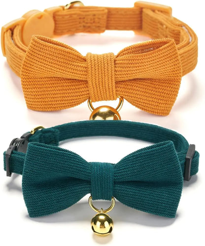 2 Pack Soft Corduroy Cat Collars with Bow Tie & Bell, Adjustable Breakaway