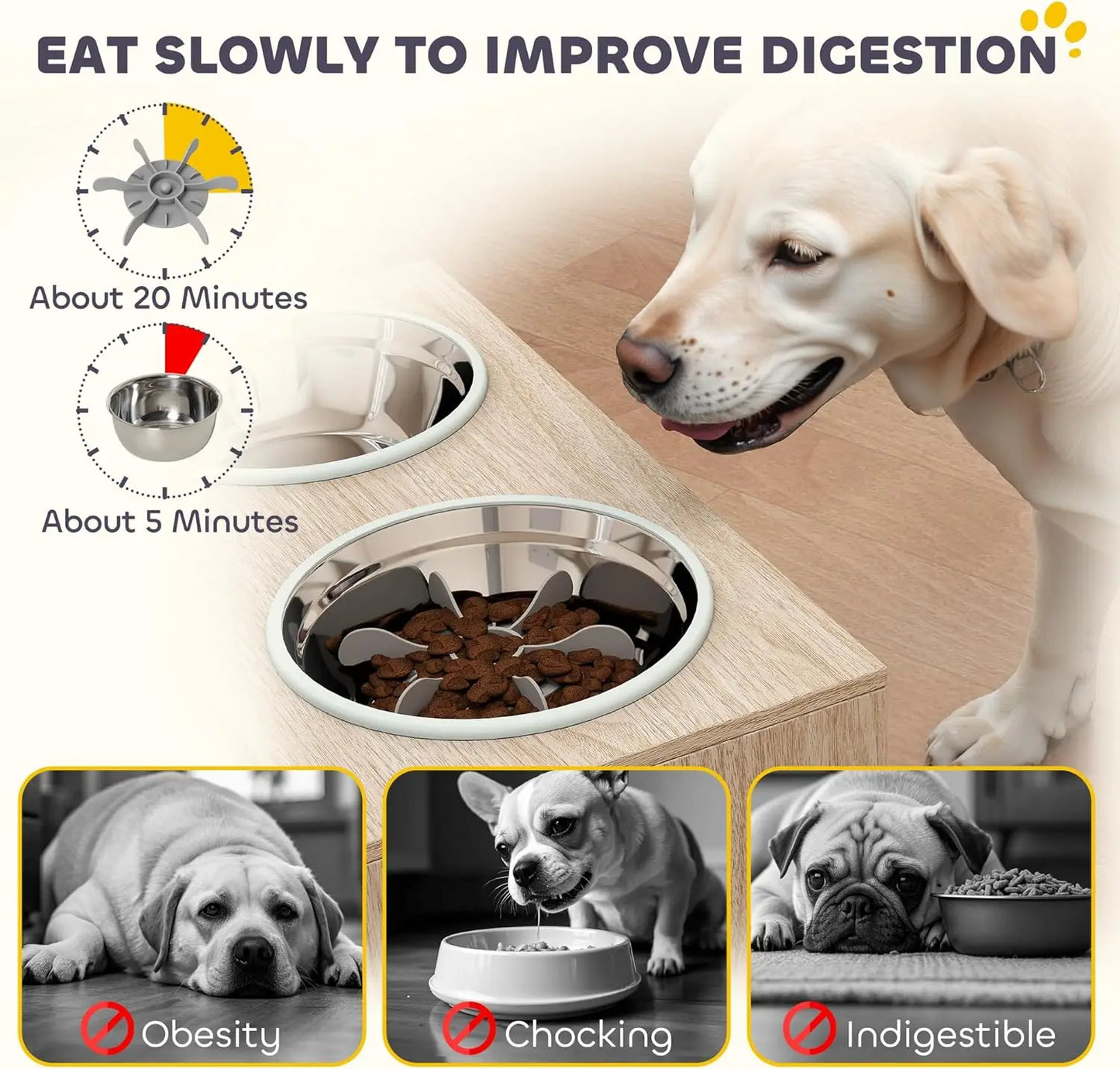 Elevated Storage Cabinet Pet Feeding Station with Slow Feeder & Non-Slip, for Large Pets
