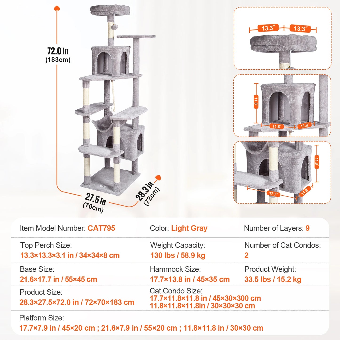Cat Tower with Cat Condo Sisal Scratching Post Hammock and Top Perch