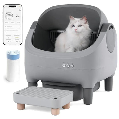 Self Cleaning Automatic Cat Litter Box with Raised Step, Large Open Top for Multi-Cat Families, Safe & Spacious