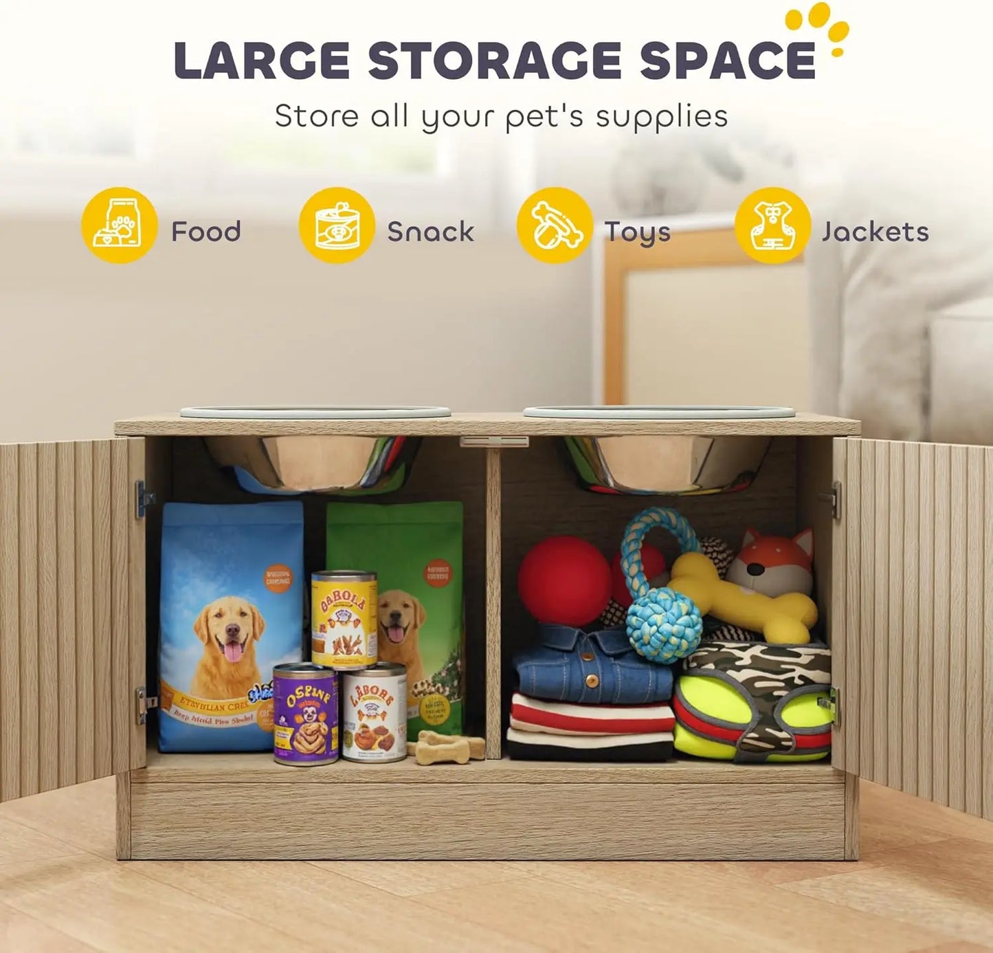 Elevated Storage Cabinet Pet Feeding Station with Slow Feeder & Non-Slip, for Large Pets