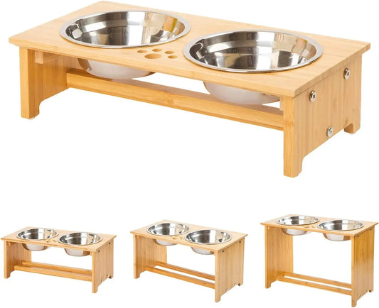 Bamboo Elevated Pet Bowls for Cats and Small Dogs with Stainless Steel Bowls and Anti-Slip Feet