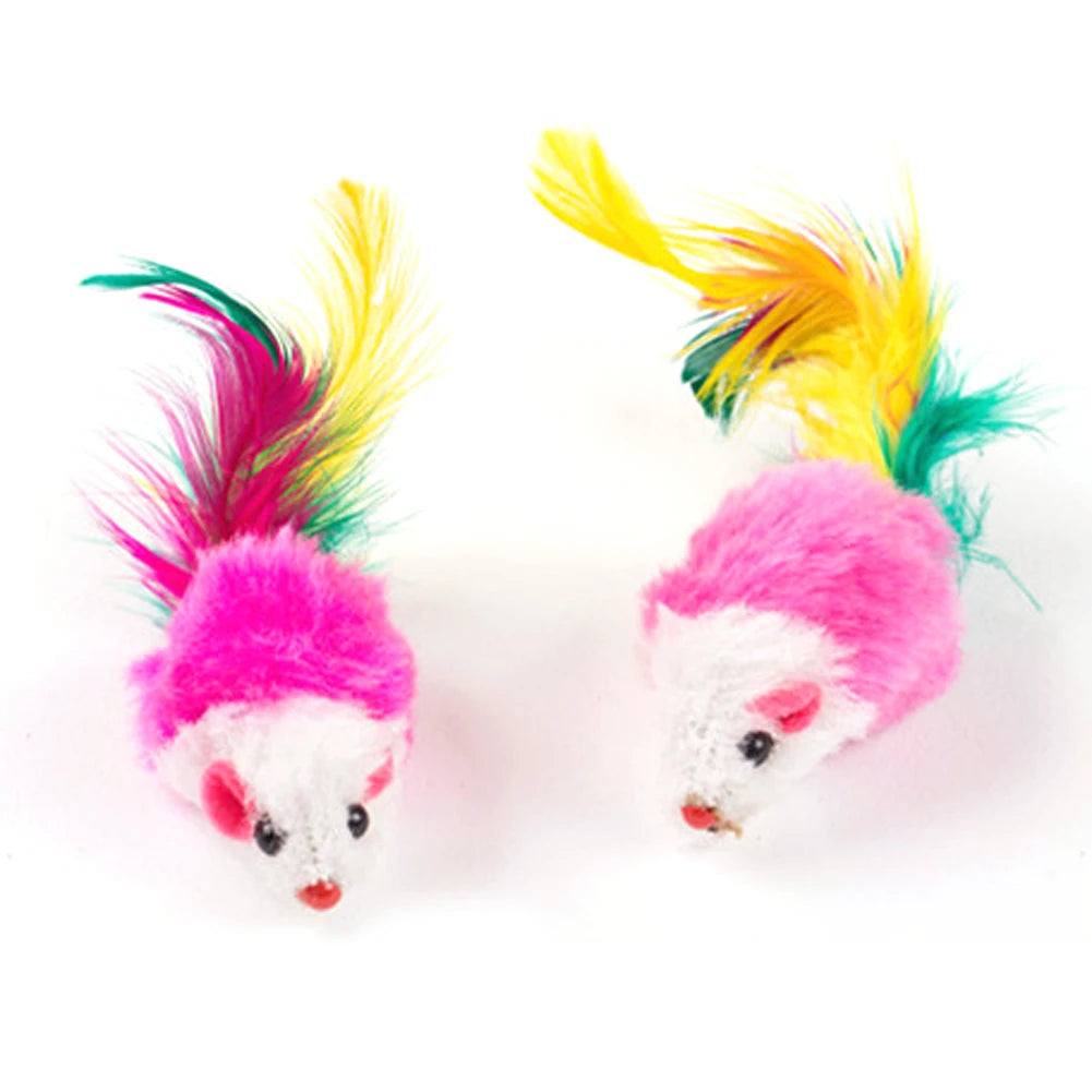 10 Pcs Mouse Colorful Feather Plush Rattle Set for Indoor Cats