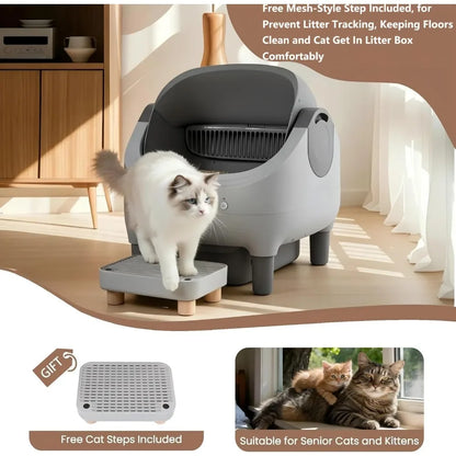 Self Cleaning Automatic Cat Litter Box with Raised Step, Large Open Top for Multi-Cat Families, Safe & Spacious