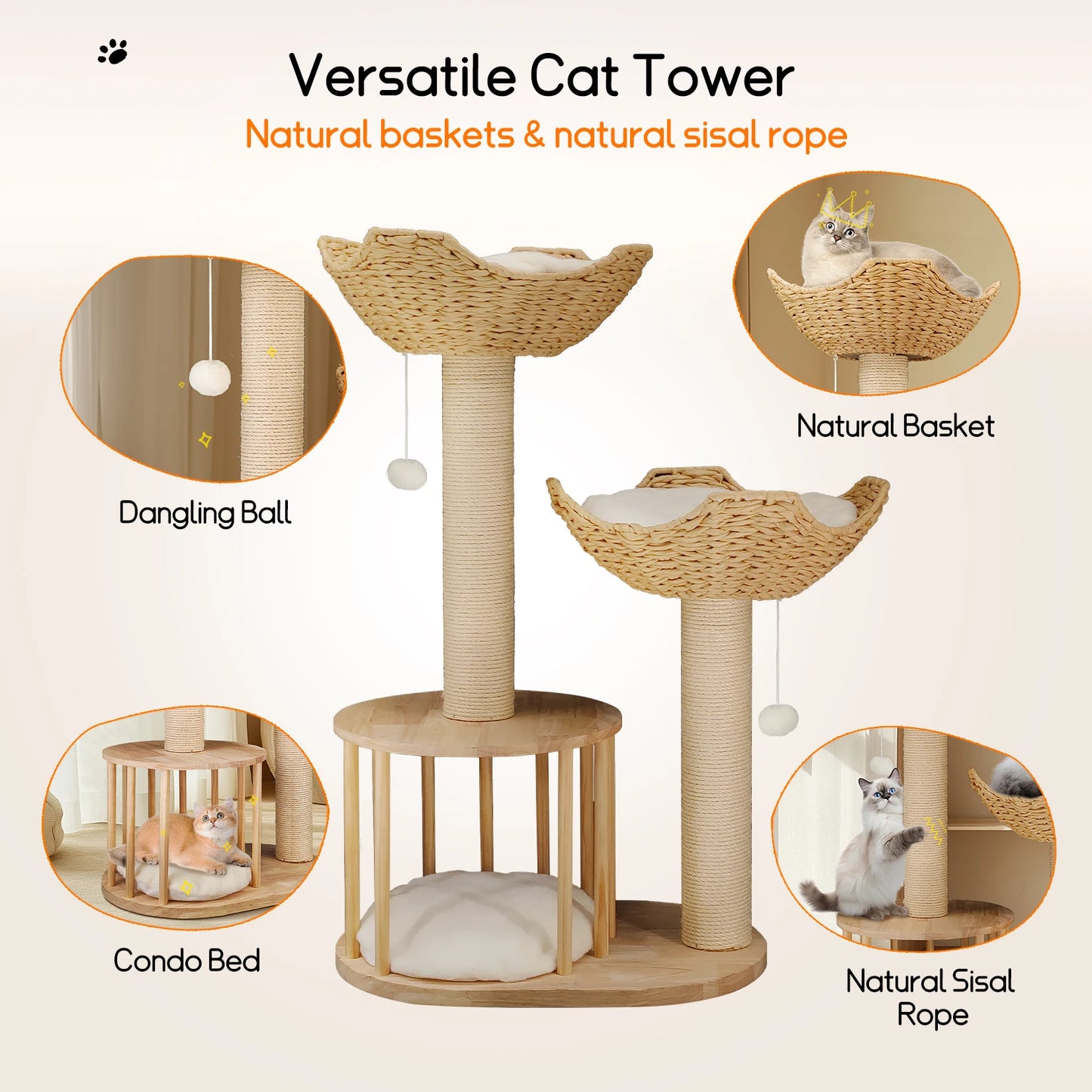 3-Tier Cat Tree Padded Plush Napping Perches Sisal Rope Scratching Posts and Hanging Toy