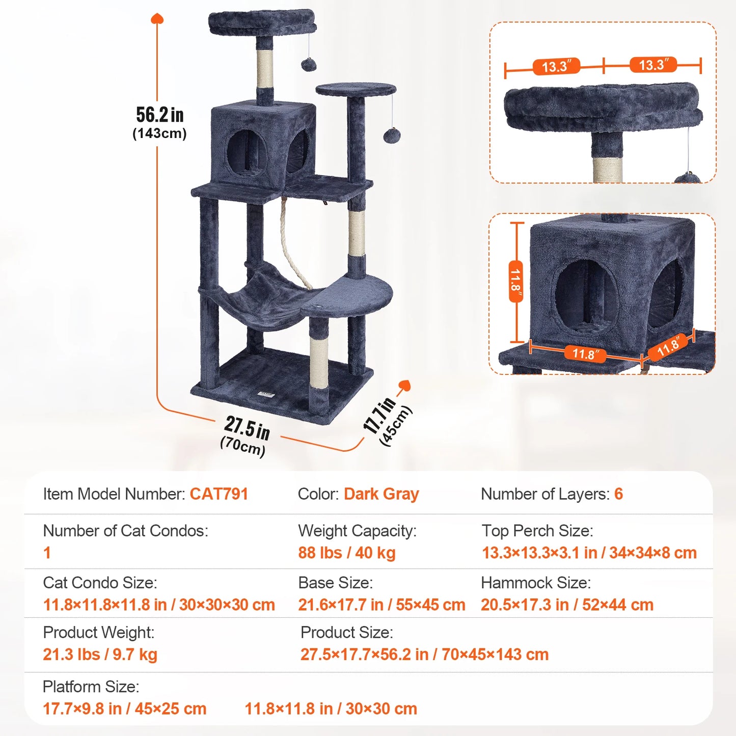 Cat Tower with Cat Condo Sisal Scratching Post Hammock and Top Perch