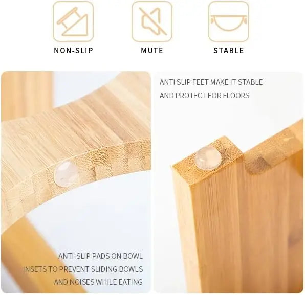 Bamboo Elevated Pet Bowls for Cats and Small Dogs with Stainless Steel Bowls and Anti-Slip Feet