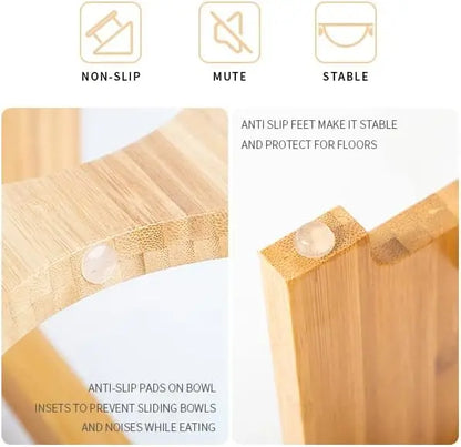 Bamboo Elevated Pet Bowls for Cats and Small Dogs with Stainless Steel Bowls and Anti-Slip Feet