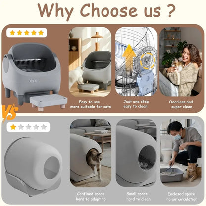 Self Cleaning Automatic Cat Litter Box with Raised Step, Large Open Top for Multi-Cat Families, Safe & Spacious
