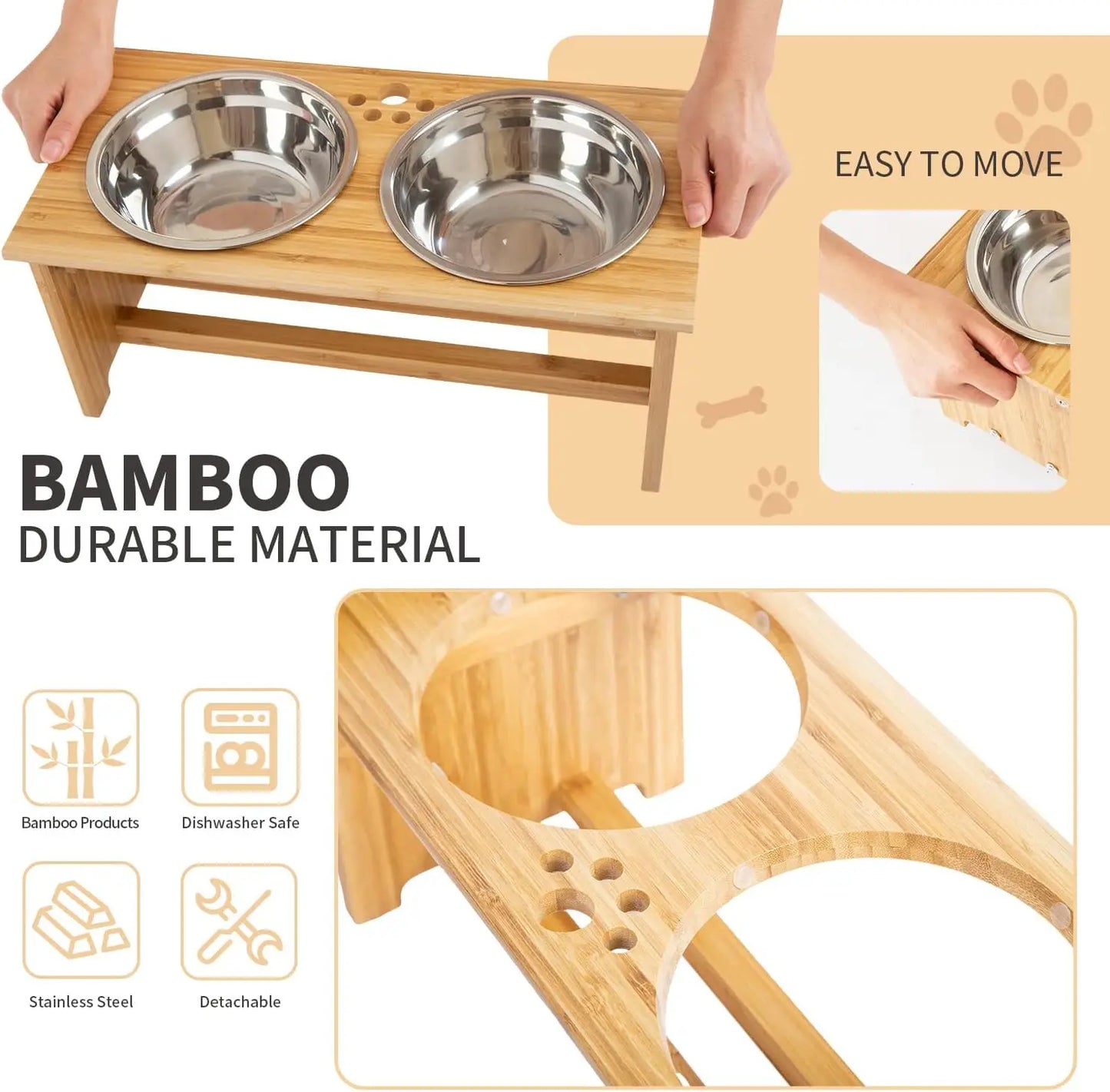 Bamboo Elevated Pet Bowls for Cats and Small Dogs with Stainless Steel Bowls and Anti-Slip Feet