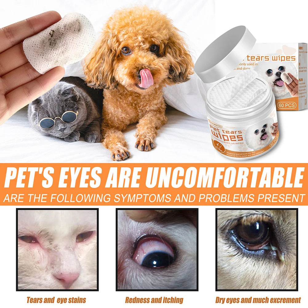 60pcs Eye Wet Wipes Stain Remover Dog Cat Wipes