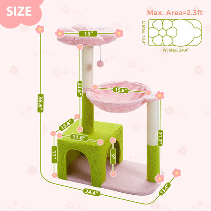 Flower Cat Tree with Large Metal Frame Hammock  with Sisal Scratching Posts for Small Indoor Cats