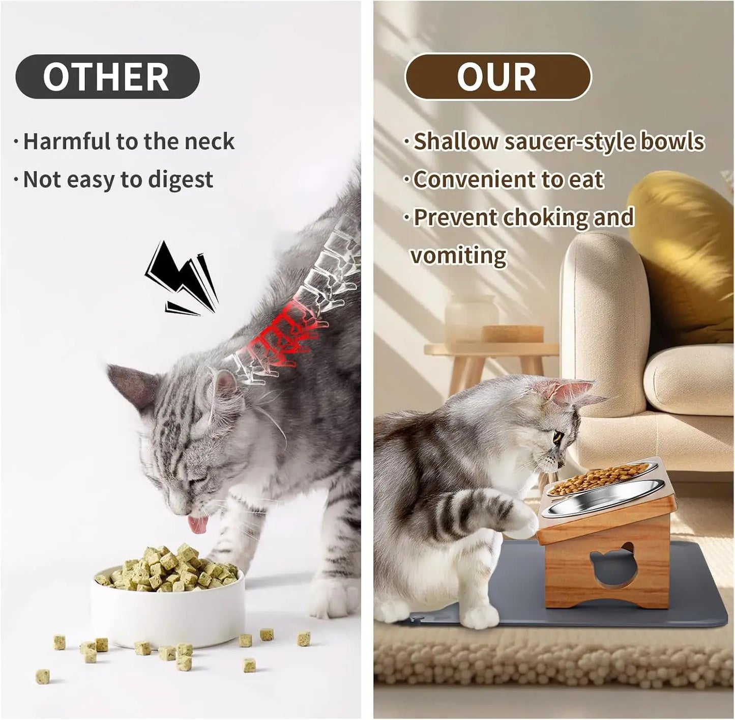 15° Tilted Elevated Pet Bowls with Silicone Mat, Solid Wood Stand for Cats and Small Dogs