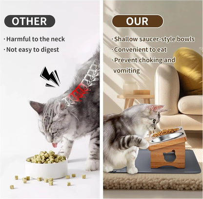 15° Tilted Elevated Pet Bowls with Silicone Mat, Solid Wood Stand for Cats and Small Dogs